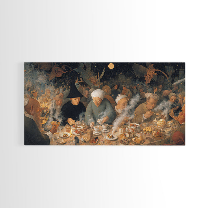 The Witches' Tea Party, Medieval Grotesque Art, Wide Panoramic Art, Macabre Wall Art, Canvas Print, Halloween Wall Art