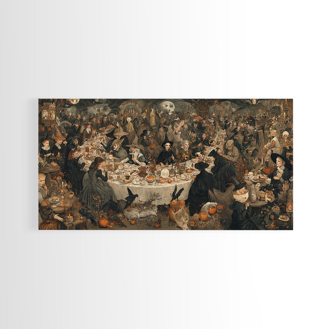 The Witches' Tea Party, Northern Renaissance Horror, Wide Panoramic Art, Gothic Horror Wall Art, Framed Canvas Print