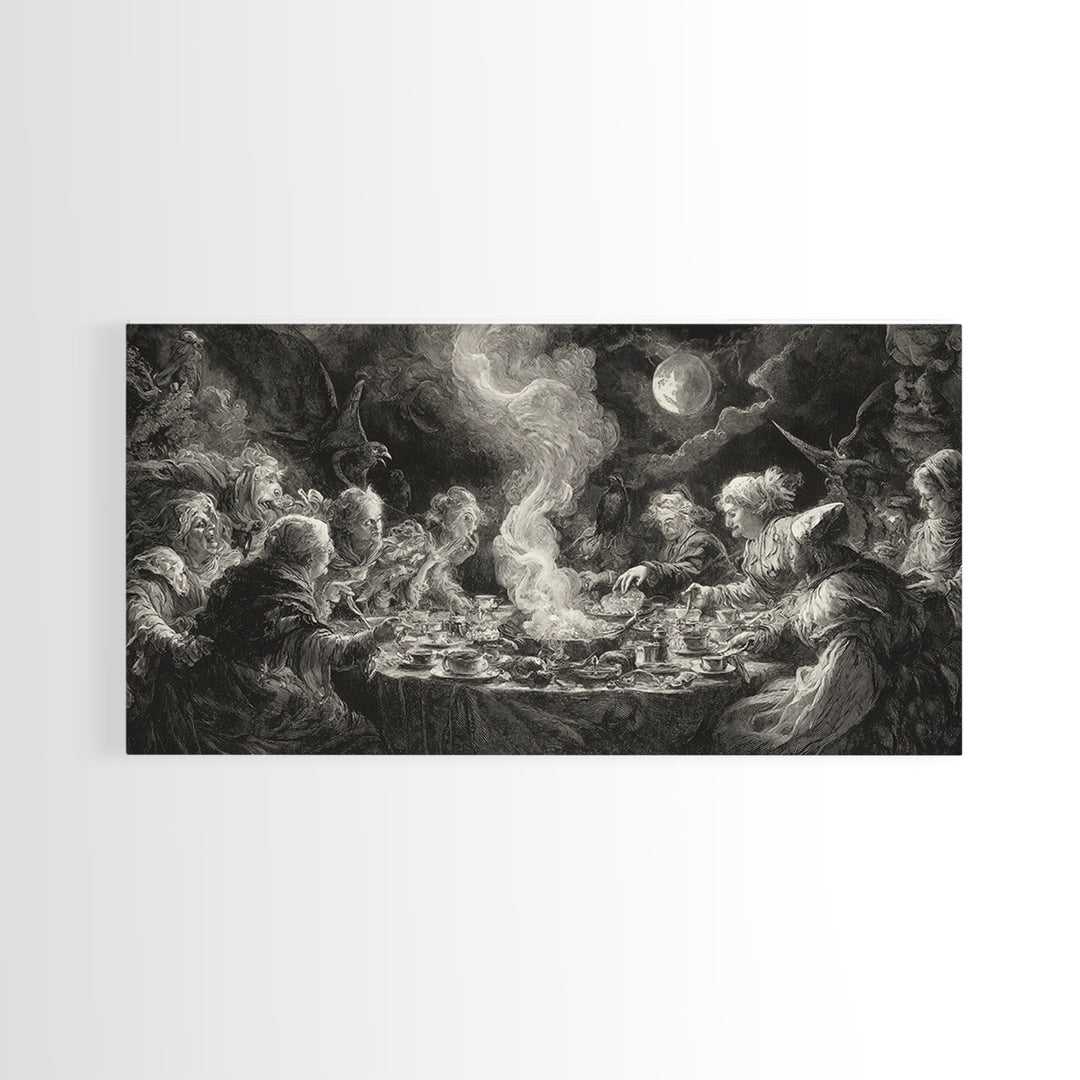 The Witches' Tea Party, Baroque Witchcraft Art, Wide Panoramic Art, Dark Halloween Decor, Canvas Print, Halloween Wall Art