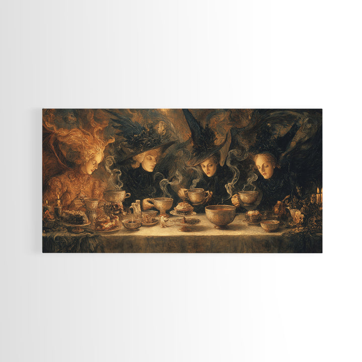 The Witches' Tea Party, Visionary Gothic Art, Wide Panoramic Art, Macabre Wall Art, Framed Canvas Print, Halloween Wall Art