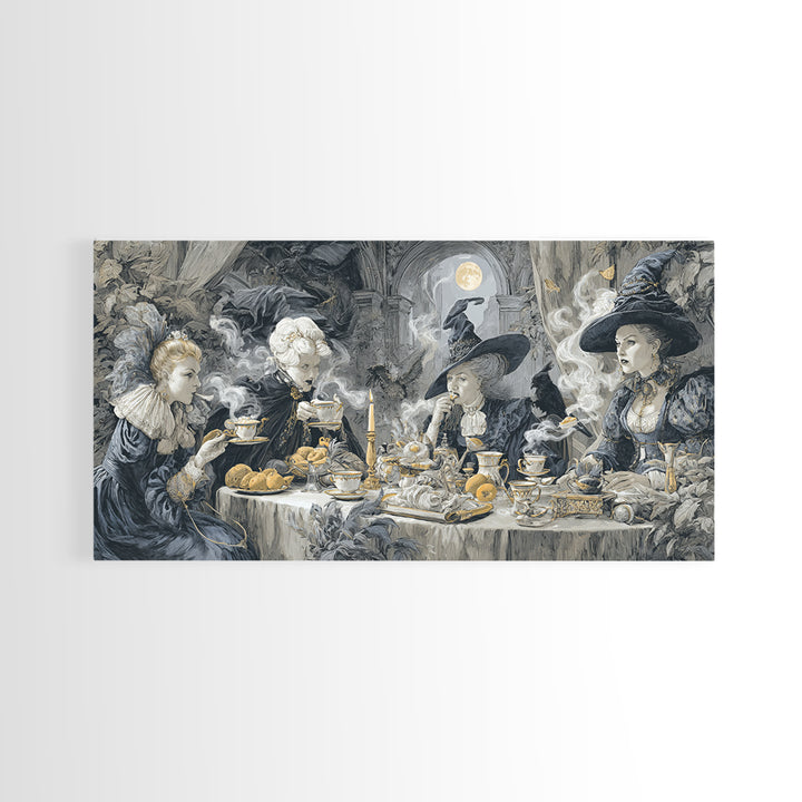 The Witches' Tea Party, Architectural Etching Art, Wide Panoramic Art, Dark Halloween Decor, Canvas Print, Halloween Wall Art