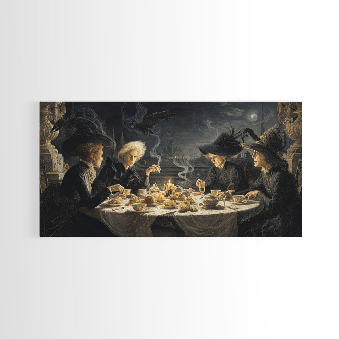 The Witches' Tea Party, Romantic Gothic Landscape, Wide Panoramic Art, Dark Fantasy Wall Art, Framed Canvas Print