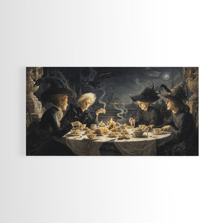 The Witches' Tea Party, Romantic Gothic Landscape, Wide Panoramic Art, Dark Fantasy Wall Art, Framed Canvas Print