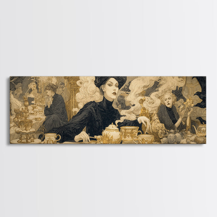 The Witches' Tea Party, Symbolist Death Art, Extra Wide Wall Art, Dark Halloween Decor, Canvas Print, Halloween Wall Art