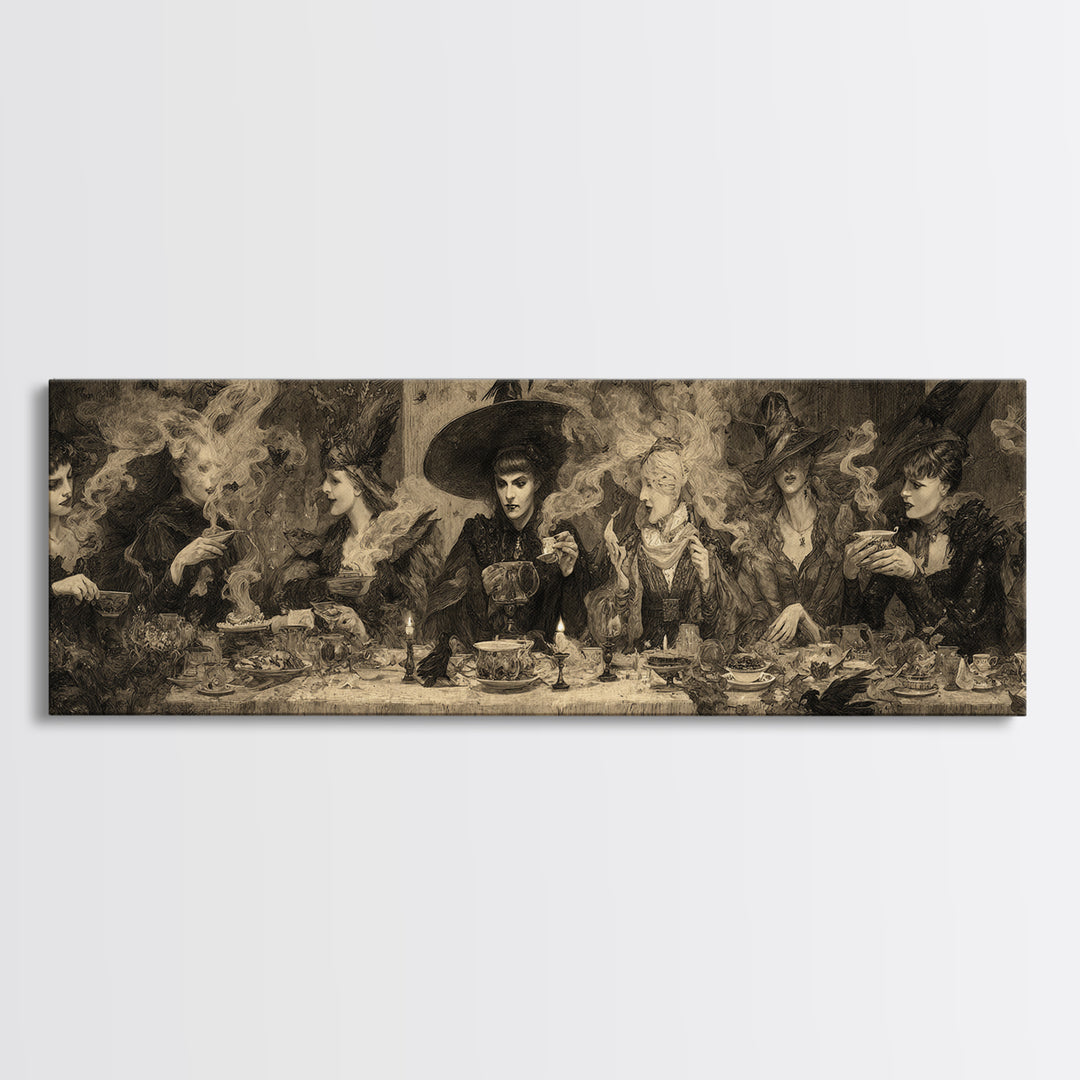 The Witches' Tea Party, Dark Symbolist Art, Extra Wide Wall Art, Dark Fantasy Wall Art, Framed Canvas Print, Halloween Wall Art