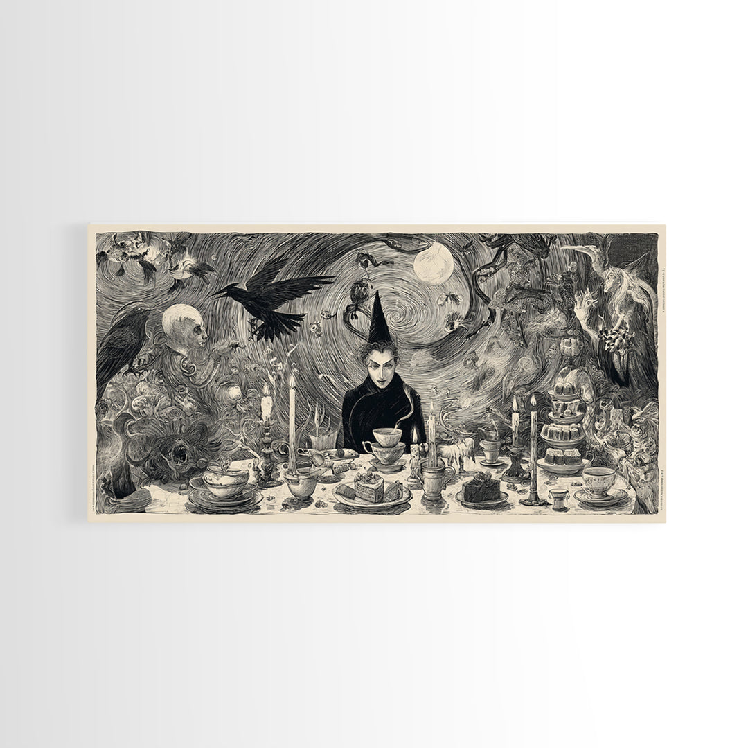 The Witches' Tea Party, Expressionist Nightmare Art, Wide Panoramic Art, Dark Fantasy Wall Art, Canvas Print, Halloween Wall Art