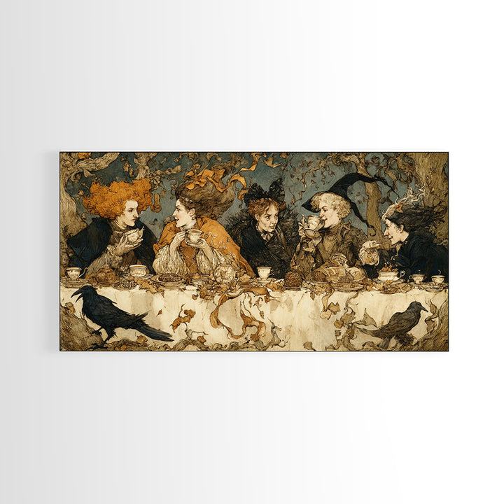 The Witches' Tea Party, Gothic Storybook Art, Wide Panoramic Art, Dark Halloween Decor, Framed Canvas Print, Halloween Wall Art
