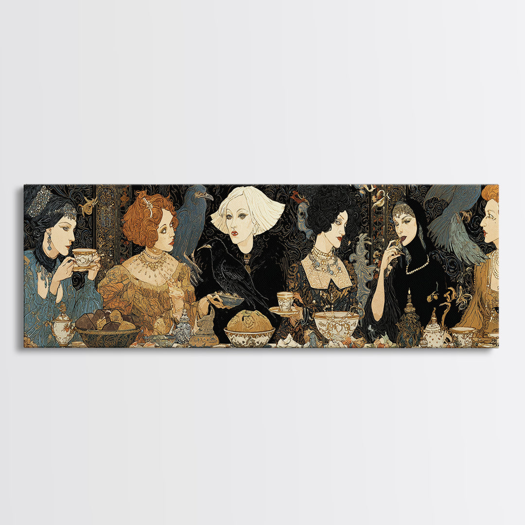 The Witches' Tea Party, Stained Glass Gothic Art, Extra Wide Wall Art, Dark Fantasy Wall Art, Framed Canvas Print, Halloween Wall Art