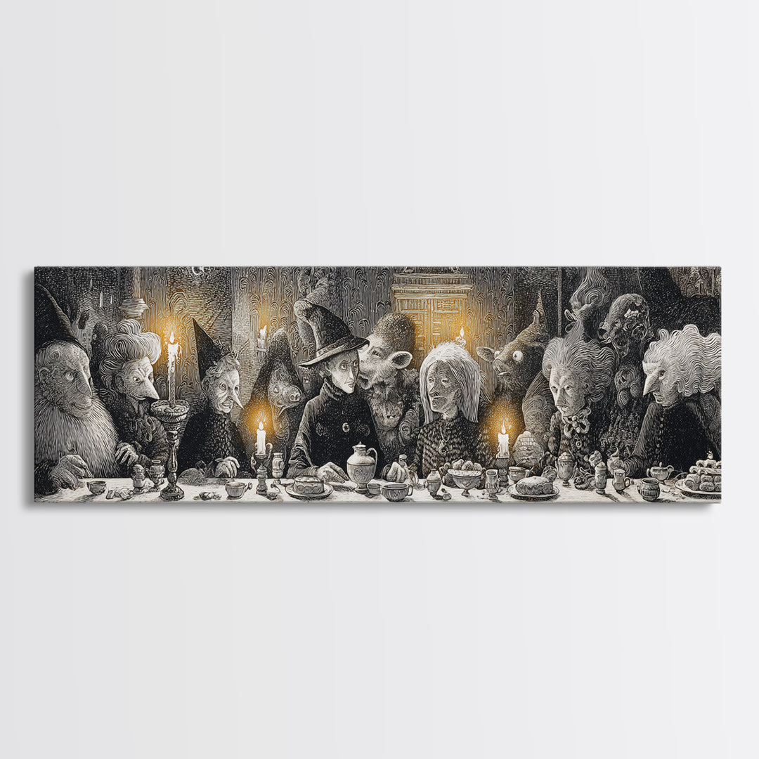 The Witches' Tea Party, Victorian Macabre Art, Extra Wide Wall Art, Macabre Wall Art, Framed Canvas Print, Halloween Wall Art