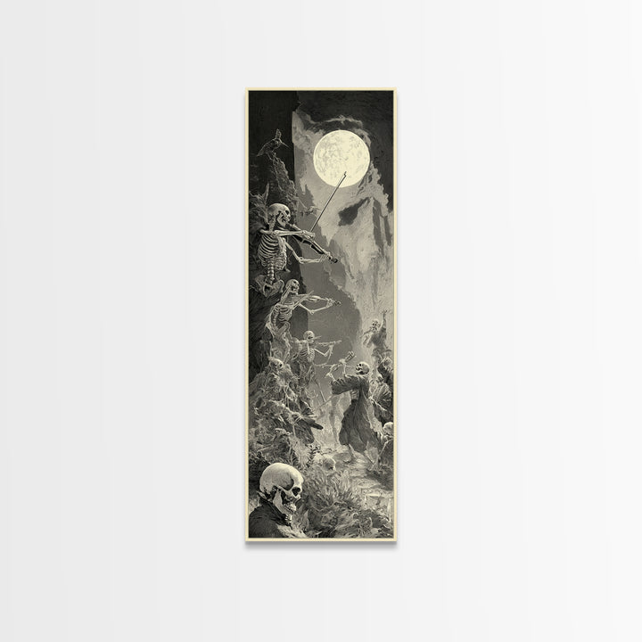 The Skeleton Orchestra, Gothic Engraving Art, Tall Narrow Wall Art, Dark Halloween Decor, Canvas Print, Halloween Wall Art