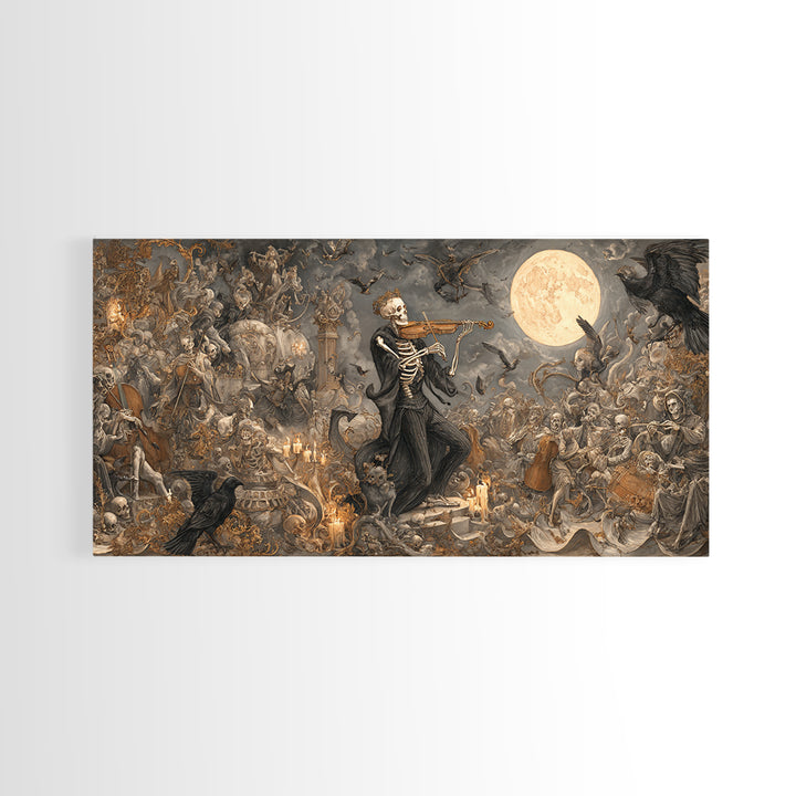 The Skeleton Orchestra, Medieval Grotesque Art, Wide Panoramic Art, Macabre Wall Art, Canvas Print, Halloween Wall Art