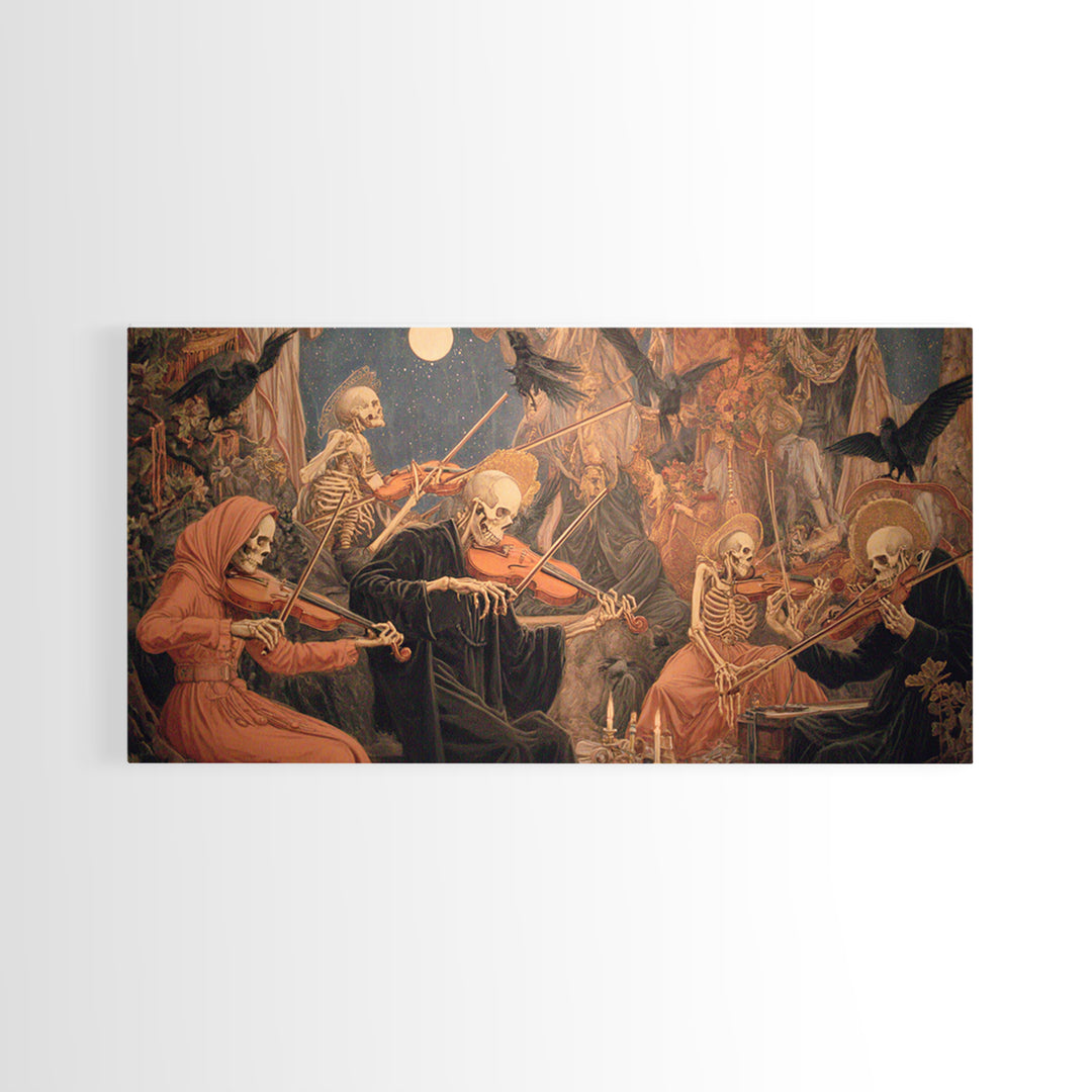 The Skeleton Orchestra, Dark Renaissance Art, Wide Panoramic Art, Gothic Horror Wall Art, Canvas Print, Halloween Wall Art