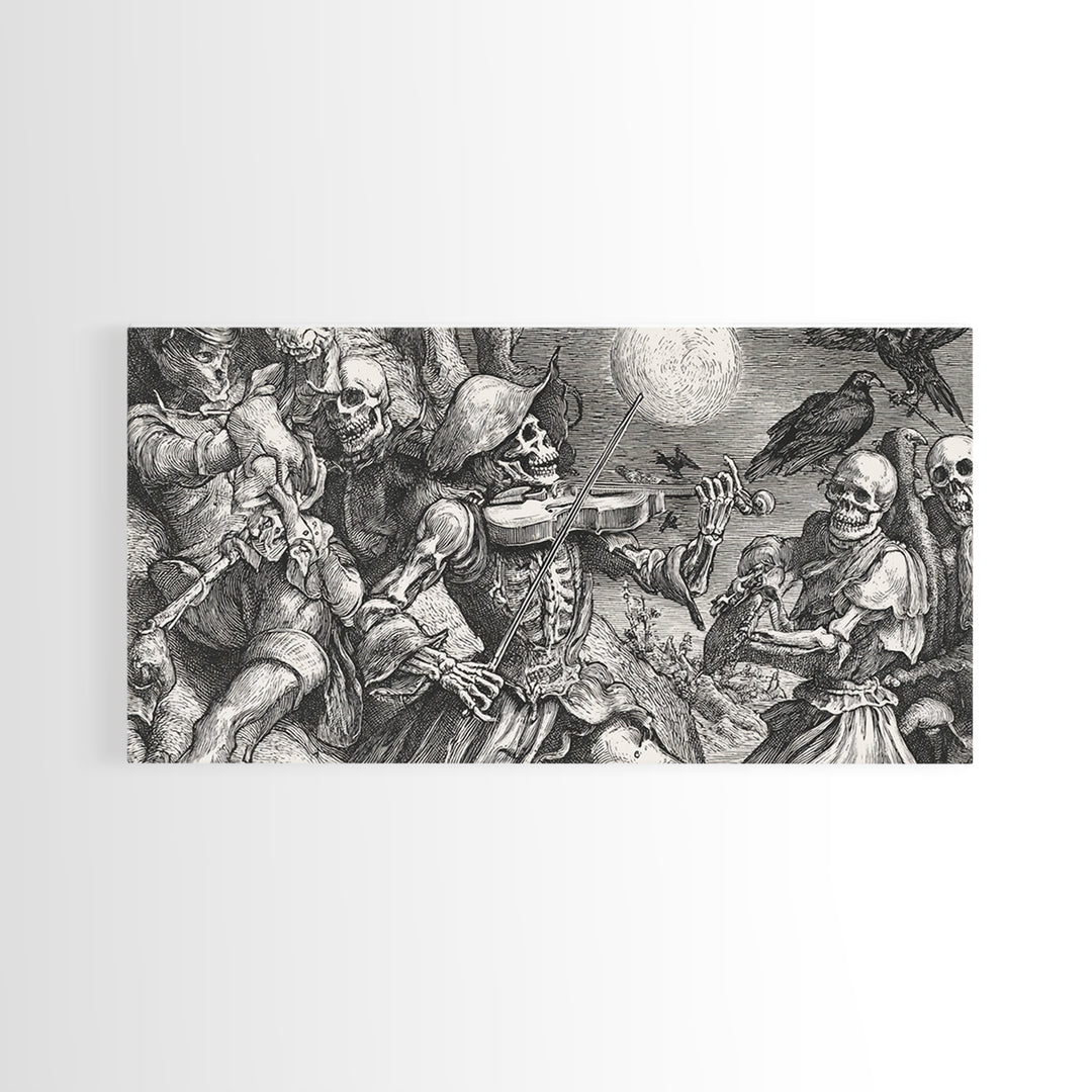 The Skeleton Orchestra, Renaissance Engraving Art, Wide Panoramic Art, Macabre Wall Art, Framed Canvas Print, Halloween Wall Art