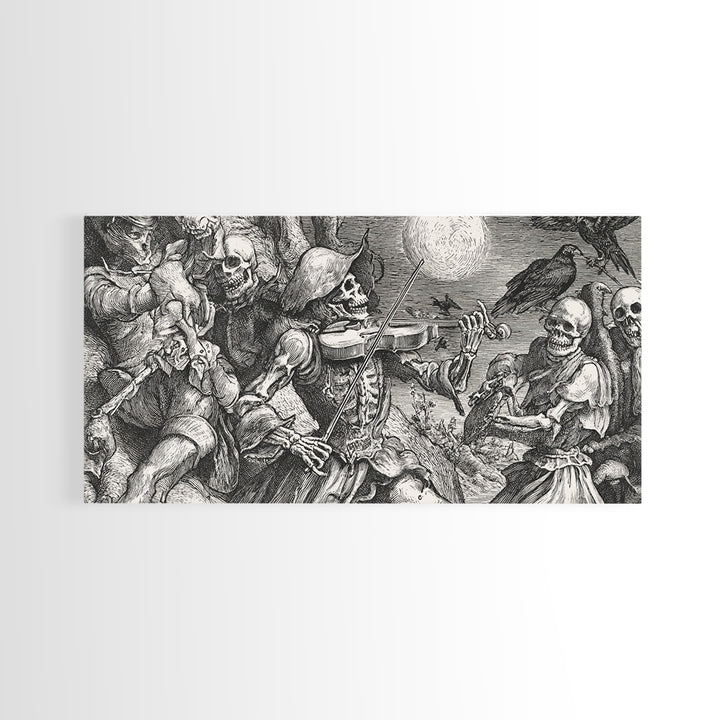 The Skeleton Orchestra, Renaissance Engraving Art, Wide Panoramic Art, Macabre Wall Art, Framed Canvas Print, Halloween Wall Art