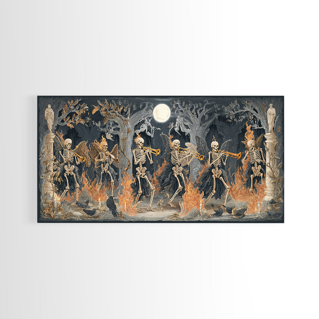 The Skeleton Orchestra, Visionary Gothic Art, Wide Panoramic Art, Dark Halloween Decor, Framed Canvas Print, Halloween Wall Art