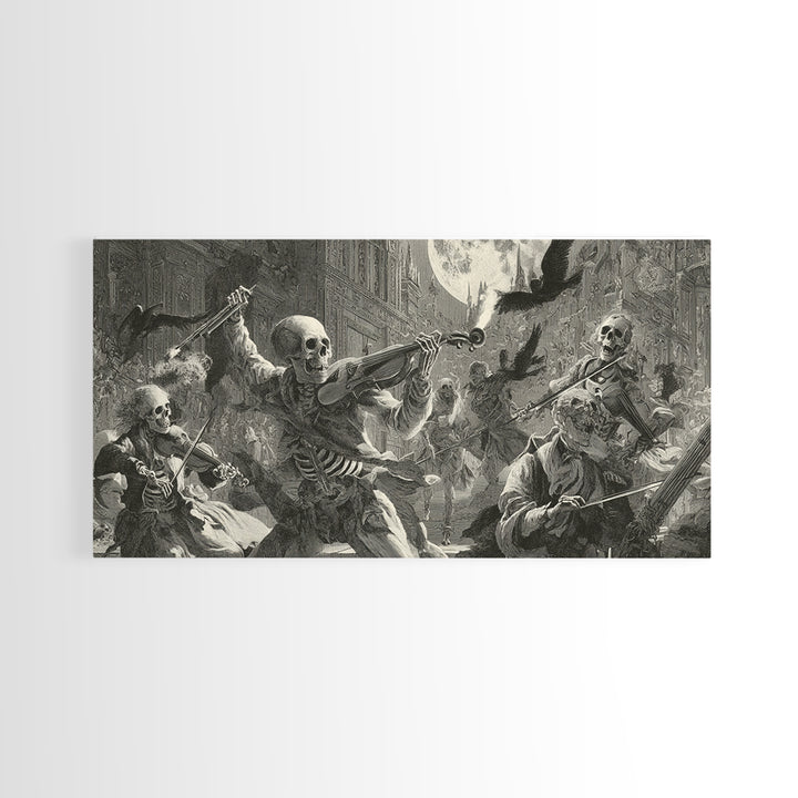 The Skeleton Orchestra, Architectural Etching Art, Wide Panoramic Art, Dark Halloween Decor, Framed Canvas Print