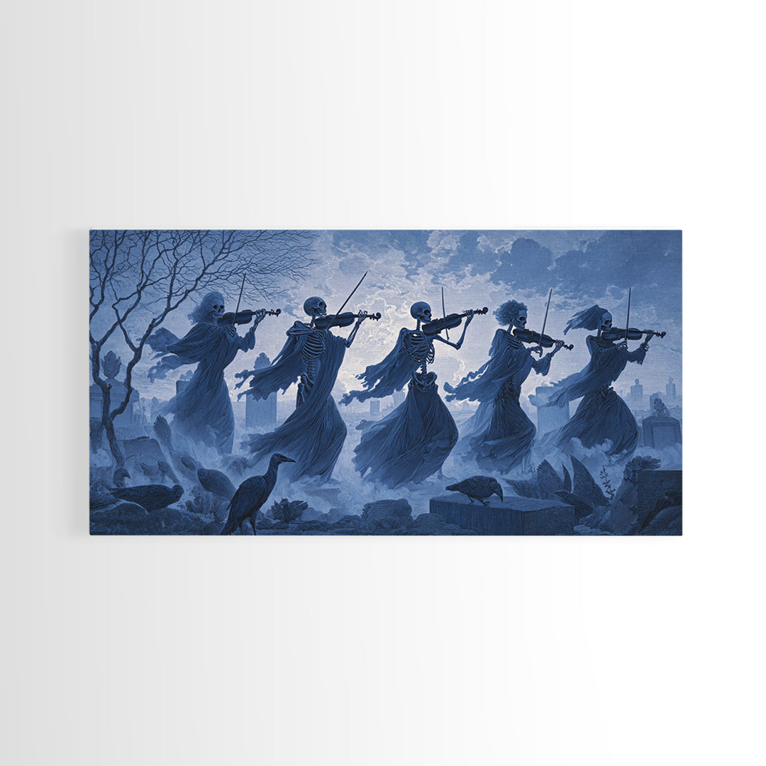 The Skeleton Orchestra, Romantic Gothic Landscape, Wide Panoramic Art, Dark Halloween Decor, Canvas Print, Halloween Wall Art