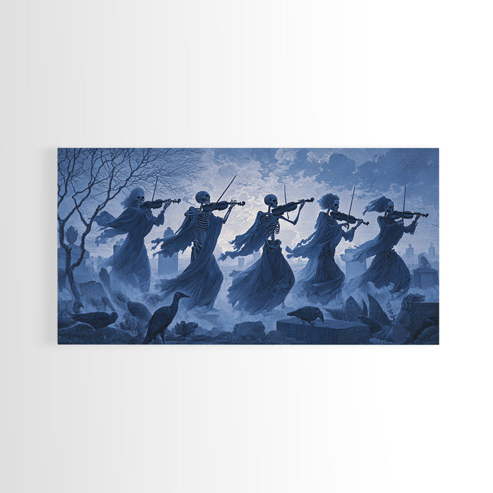 The Skeleton Orchestra, Romantic Gothic Landscape, Wide Panoramic Art, Dark Halloween Decor, Canvas Print, Halloween Wall Art