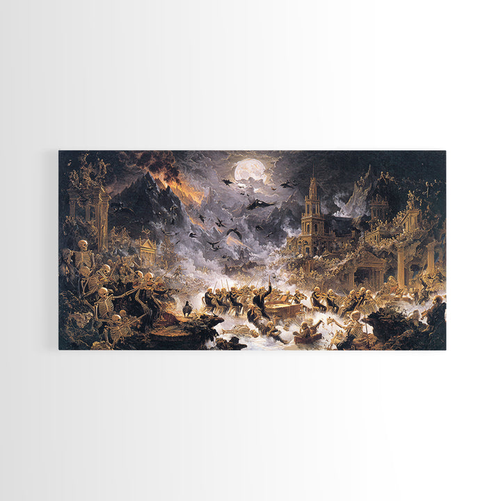 The Skeleton Orchestra, Apocalyptic Romantic Art, Wide Panoramic Art, Gothic Horror Wall Art, Framed Canvas Print, Halloween Wall Art
