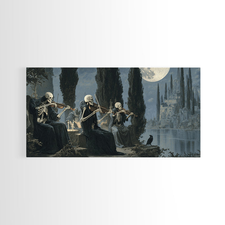 The Skeleton Orchestra, Symbolist Gothic Landscape, Wide Panoramic Art, Dark Halloween Decor, Canvas Print, Halloween Wall Art