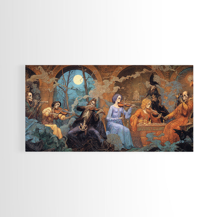 The Skeleton Orchestra, Ornate Symbolist Art, Wide Panoramic Art, Dark Fantasy Wall Art, Canvas Print, Halloween Wall Art