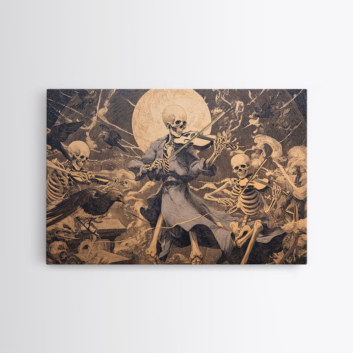 The Skeleton Orchestra, Symbolist Etching Art, Landscape Wall Art, Macabre Wall Art, Framed Canvas Print, Halloween Wall Art