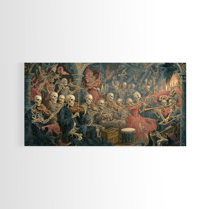 The Skeleton Orchestra, Grotesque Carnival Art, Wide Panoramic Art, Dark Fantasy Wall Art, Canvas Print, Halloween Wall Art