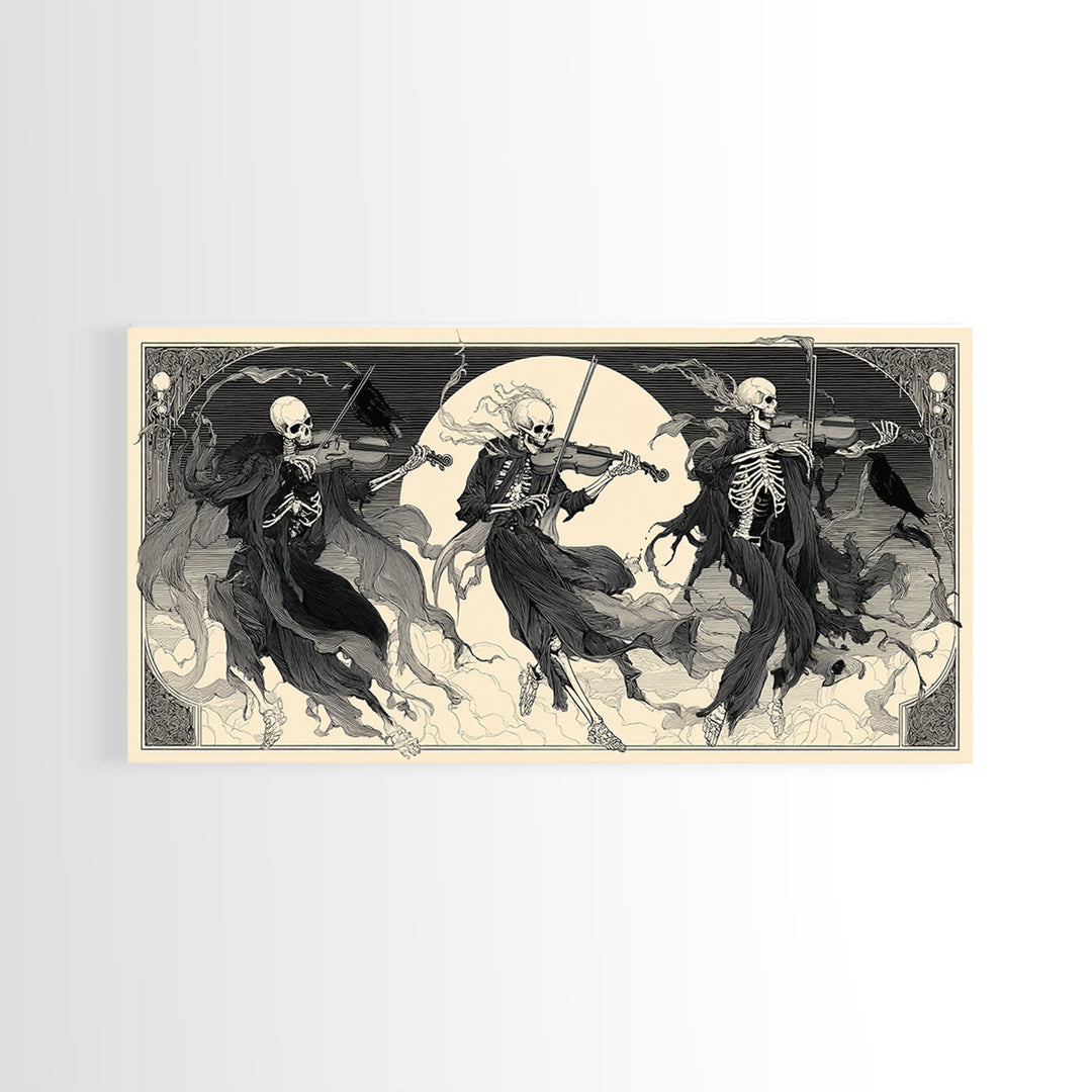 The Skeleton Orchestra, Decadent Line Art, Wide Panoramic Art, Gothic Horror Wall Art, Framed Canvas Print, Halloween Wall Art