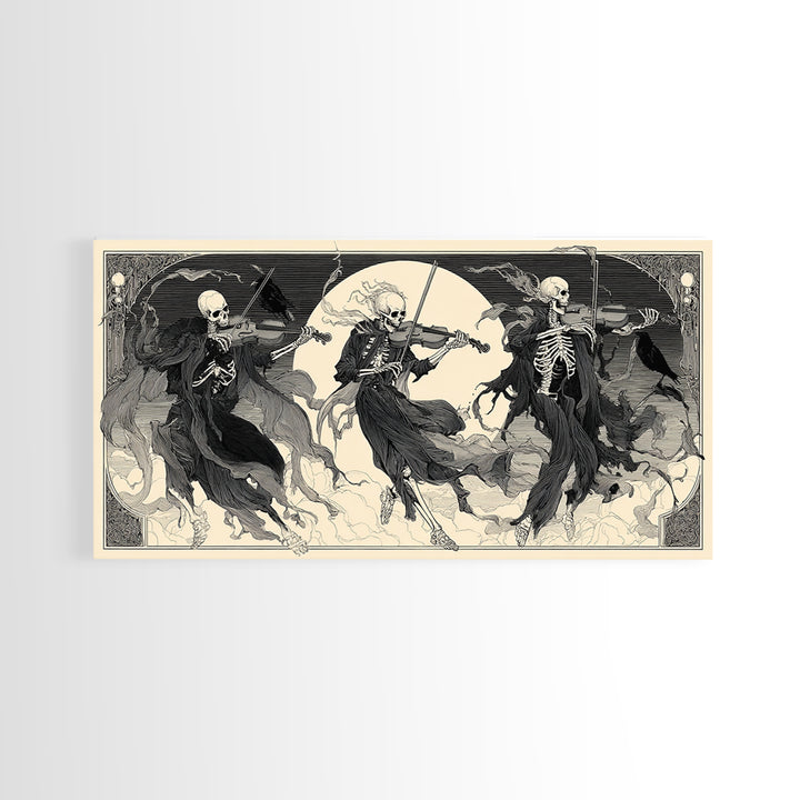 The Skeleton Orchestra, Decadent Line Art, Wide Panoramic Art, Gothic Horror Wall Art, Framed Canvas Print, Halloween Wall Art