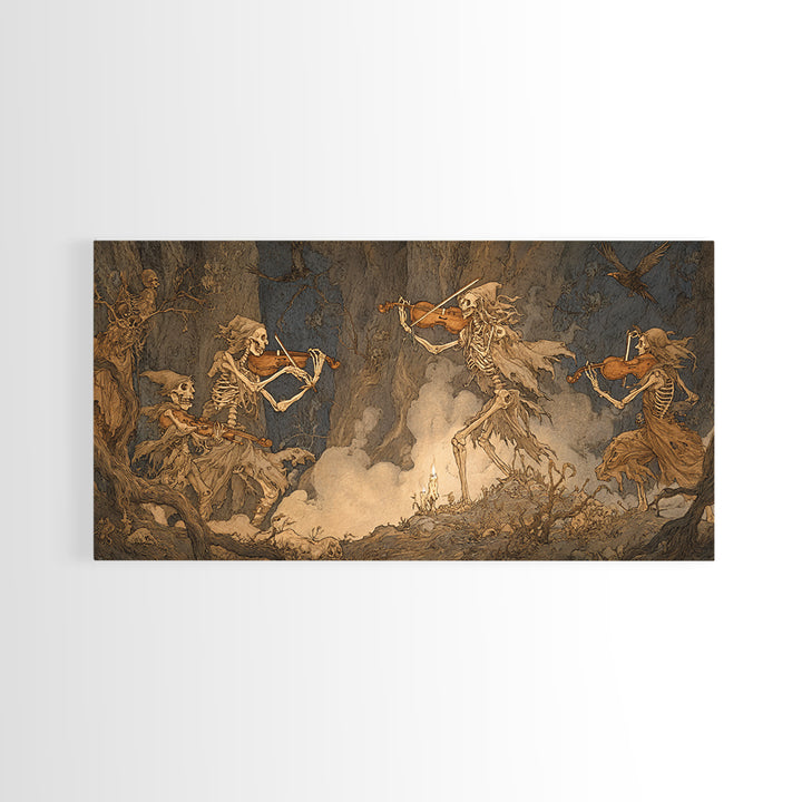 The Skeleton Orchestra, Gothic Storybook Art, Wide Panoramic Art, Dark Fantasy Wall Art, Framed Canvas Print, Halloween Wall Art