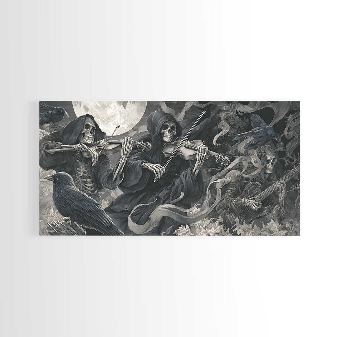 The Skeleton Orchestra, Biomechanical Horror Art, Wide Panoramic Art, Macabre Wall Art, Framed Canvas Print, Halloween Wall Art