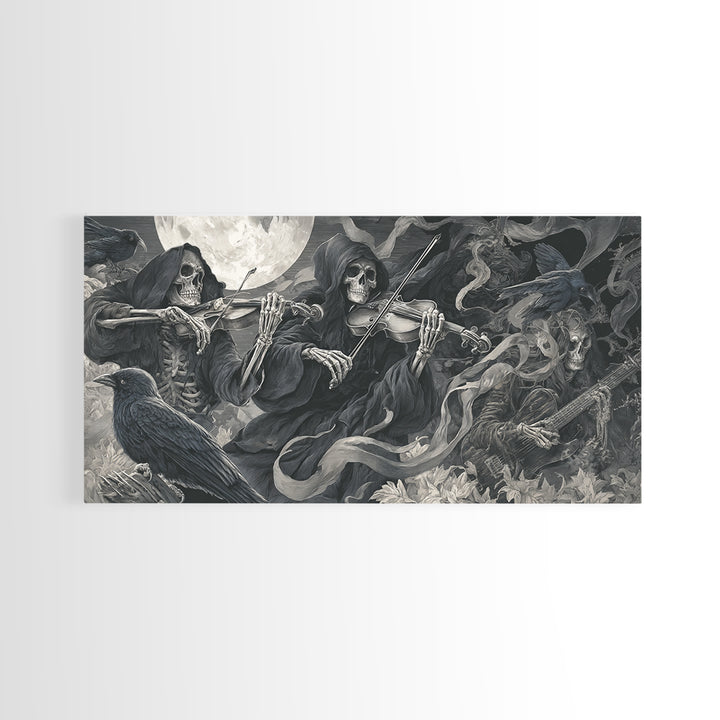 The Skeleton Orchestra, Biomechanical Horror Art, Wide Panoramic Art, Macabre Wall Art, Framed Canvas Print, Halloween Wall Art