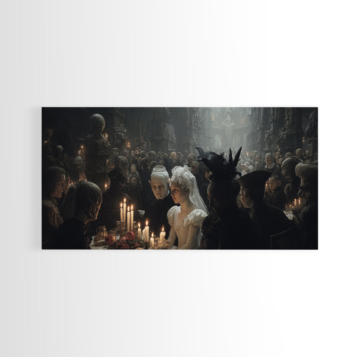 The Ghost Wedding, Medieval Grotesque Art, Wide Panoramic Art, Dark Halloween Decor, Canvas Print, Halloween Wall Art