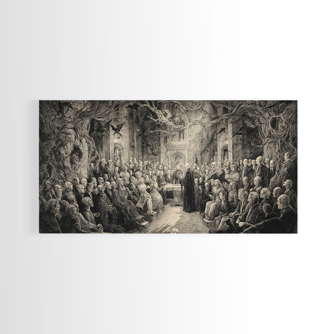 The Ghost Wedding, Expressionist Nightmare Art, Wide Panoramic Art, Dark Fantasy Wall Art, Framed Canvas Print, Halloween Wall Art