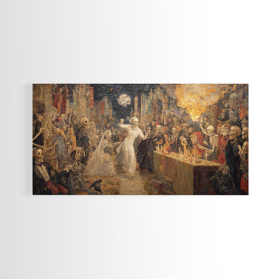 The Ghost Wedding, Grotesque Carnival Art, Wide Panoramic Art, Dark Halloween Decor, Framed Canvas Print, Halloween Wall Art