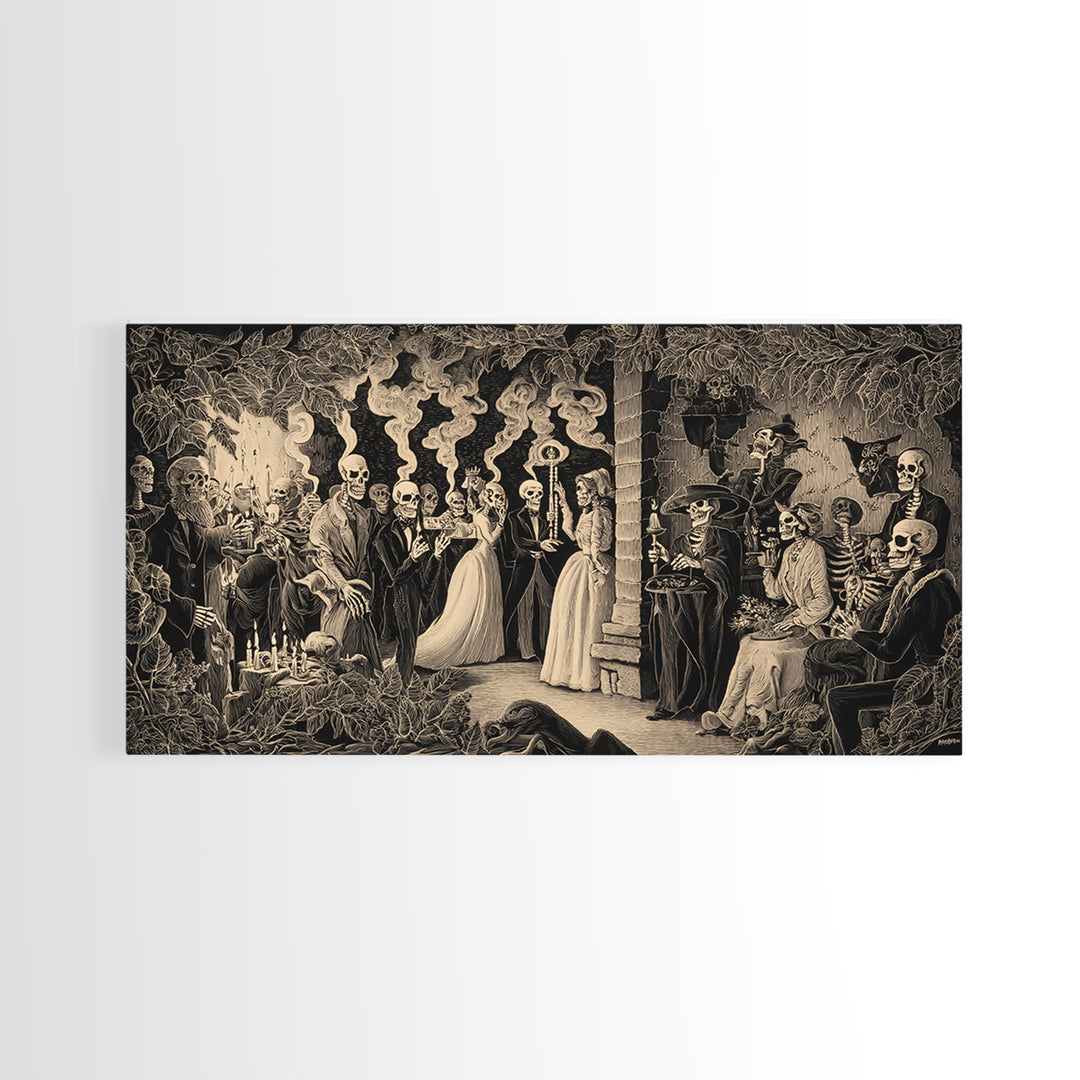 The Ghost Wedding, Macabre Folk Print Art, Wide Panoramic Art, Macabre Wall Art, Framed Canvas Print, Halloween Wall Art