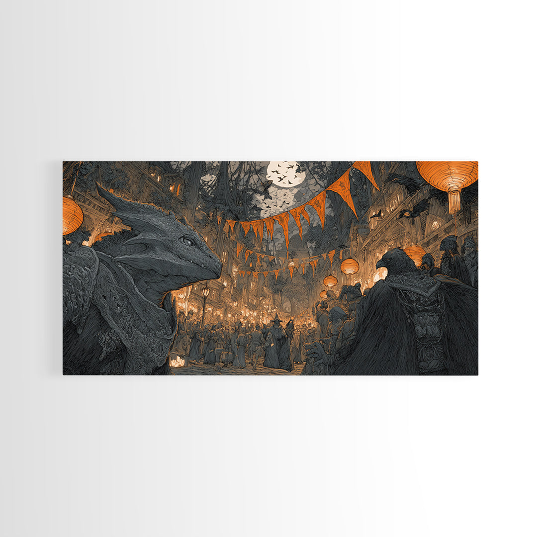 The Monster Parade, Gothic Engraving Art, Wide Panoramic Art, Dark Fantasy Wall Art, Framed Canvas Print, Halloween Wall Art