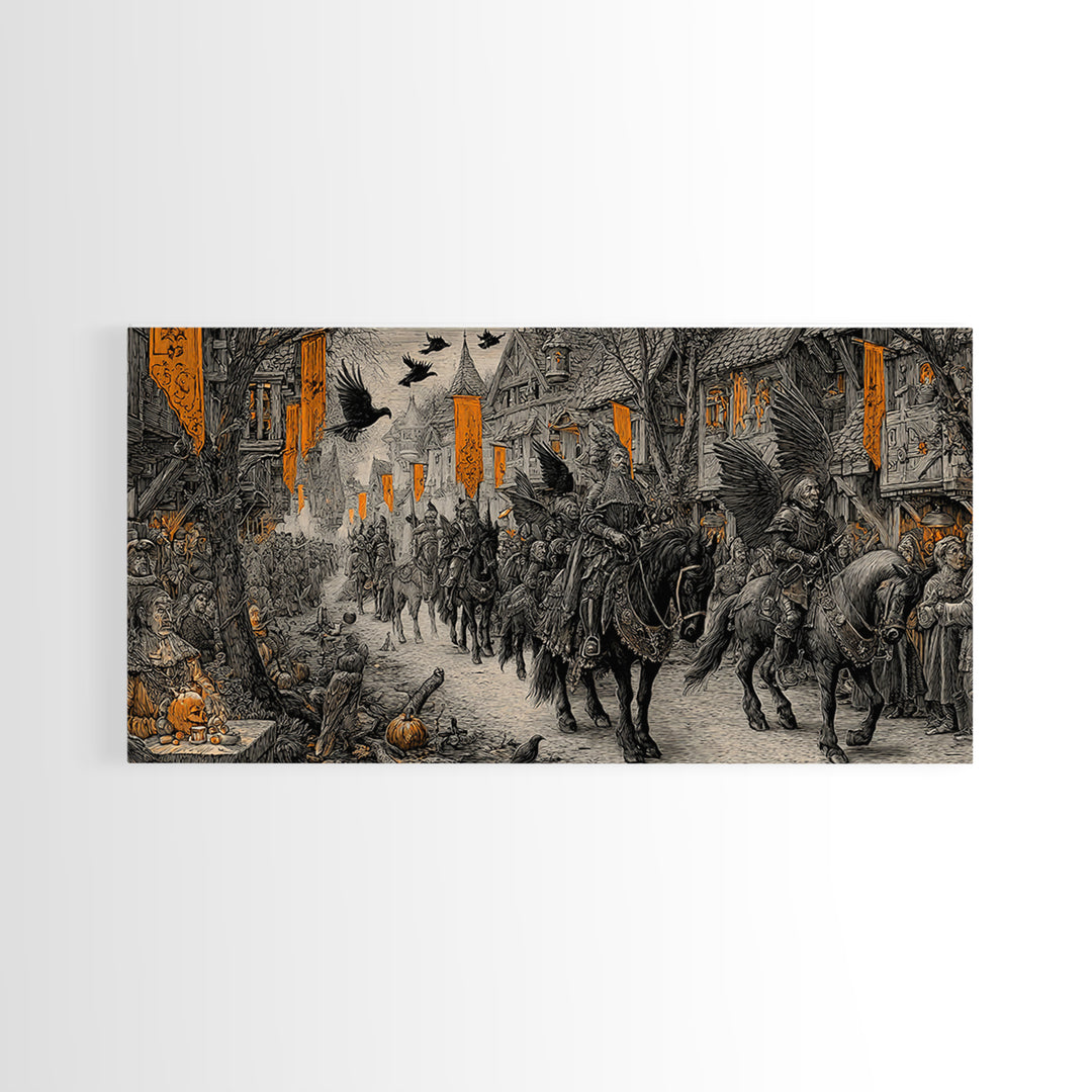 The Monster Parade, Renaissance Engraving Art, Wide Panoramic Art, Dark Fantasy Wall Art, Framed Canvas Print, Halloween Wall Art