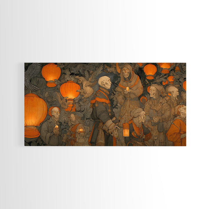The Monster Parade, Danse Macabre Art, Wide Panoramic Art, Macabre Wall Art, Framed Canvas Print, Halloween Wall Art