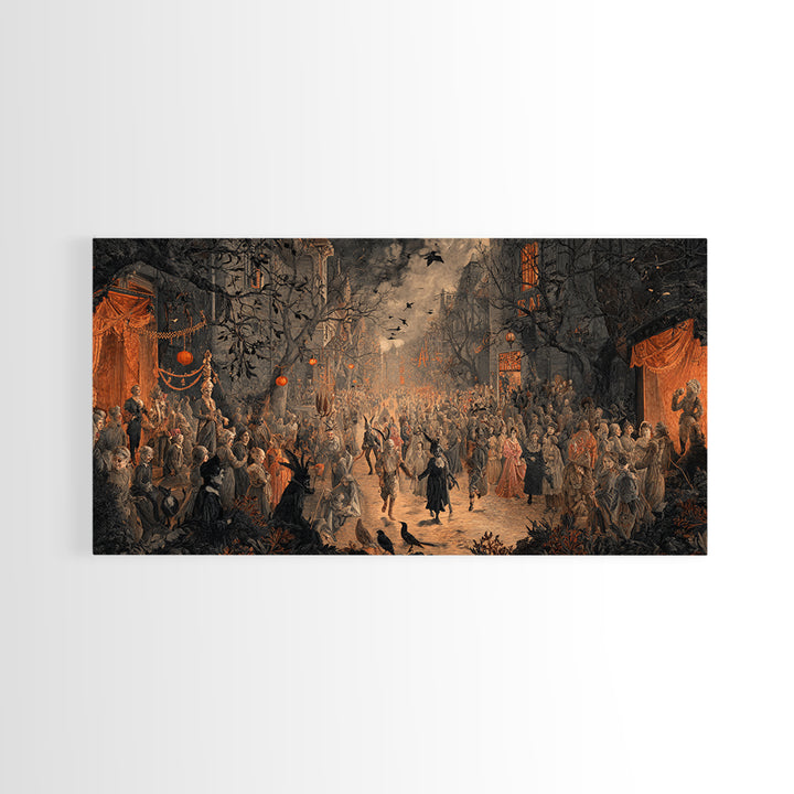 The Monster Parade, Dark Romantic Horror Art, Wide Panoramic Art, Macabre Wall Art, Framed Canvas Print, Halloween Wall Art