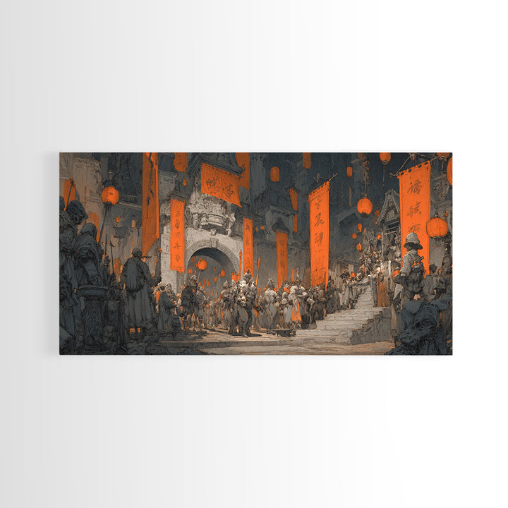The Monster Parade, Architectural Etching Art, Wide Panoramic Art, Macabre Wall Art, Canvas Print, Halloween Wall Art