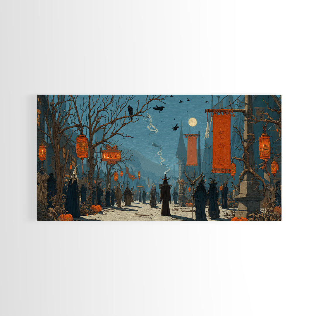 The Monster Parade, Romantic Gothic Landscape, Wide Panoramic Art, Dark Halloween Decor, Canvas Print, Halloween Wall Art