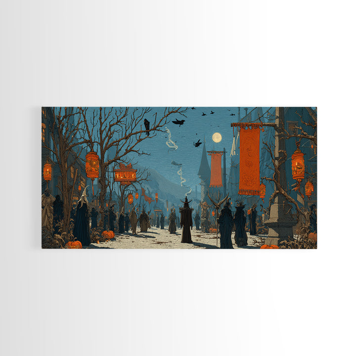The Monster Parade, Romantic Gothic Landscape, Wide Panoramic Art, Dark Halloween Decor, Canvas Print, Halloween Wall Art
