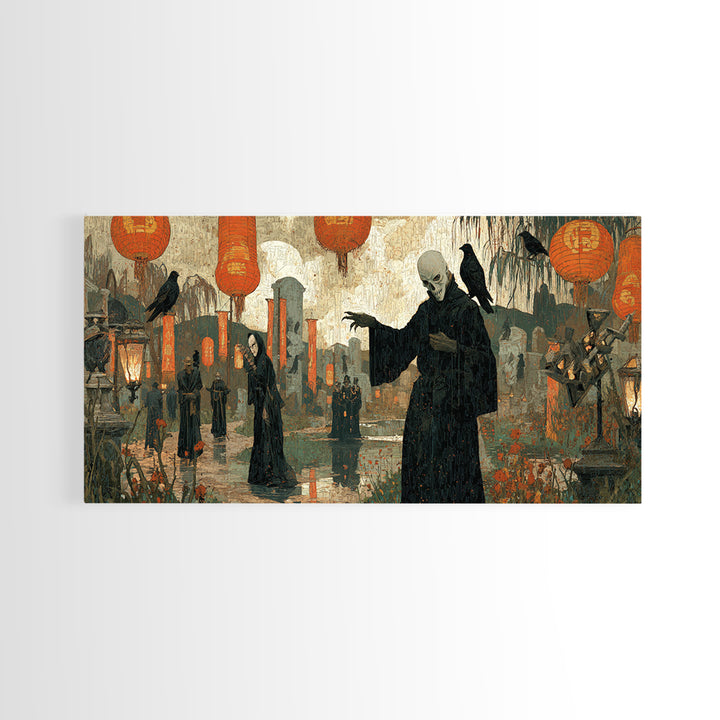 The Monster Parade, Symbolist Gothic Landscape, Wide Panoramic Art, Macabre Wall Art, Canvas Print, Halloween Wall Art