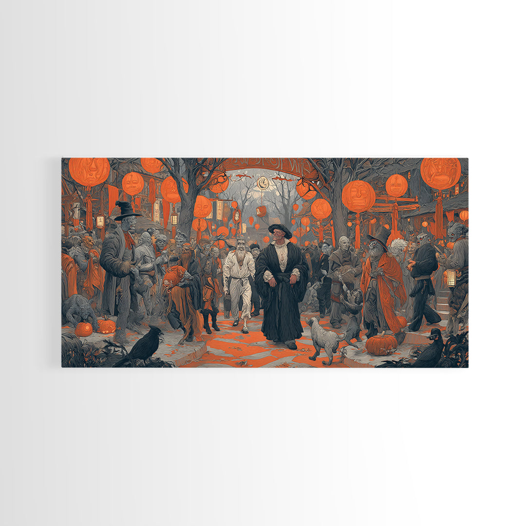 The Monster Parade, Symbolist Etching Art, Wide Panoramic Art, Gothic Horror Wall Art, Canvas Print, Halloween Wall Art, Halloween Decor