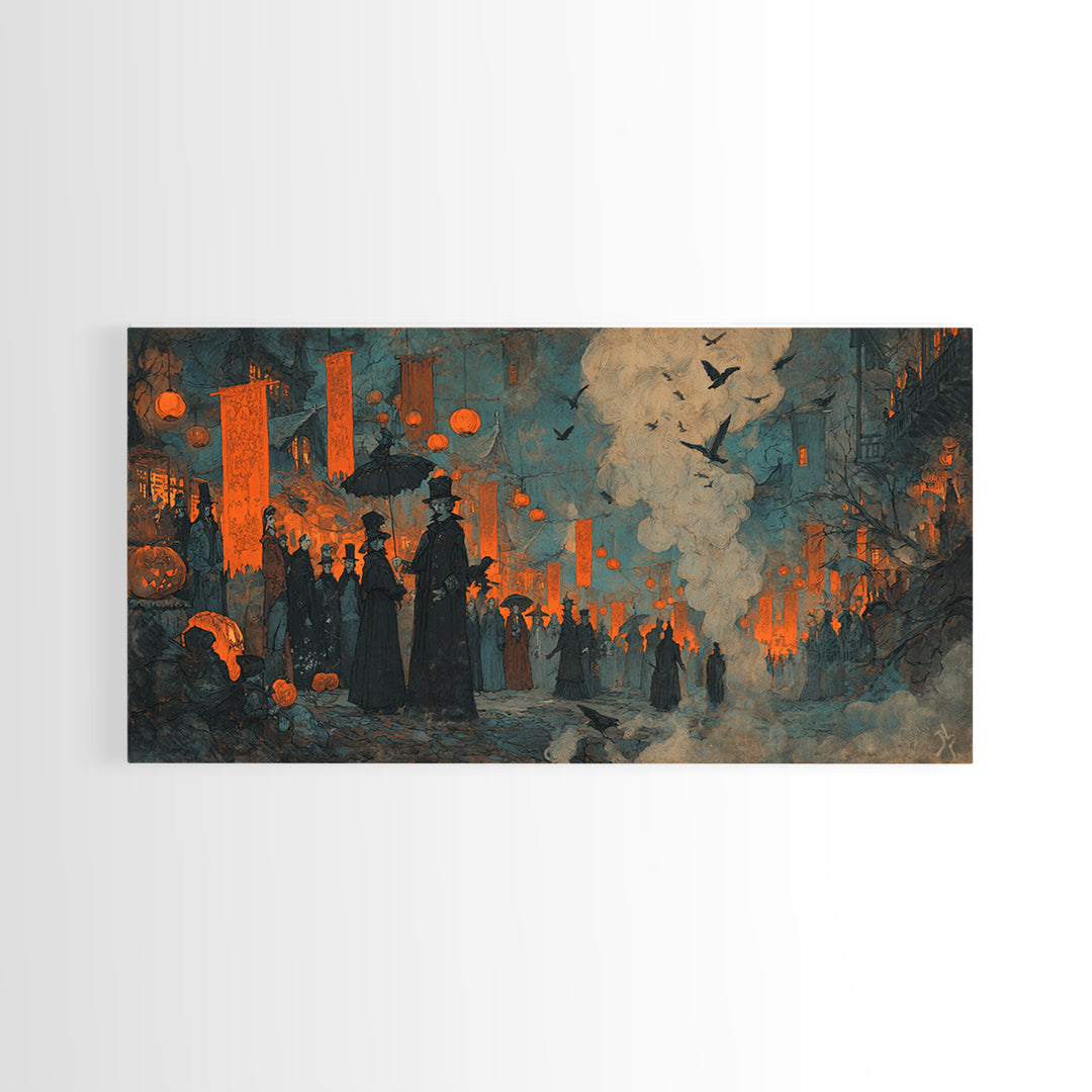 The Monster Parade, Expressionist Gothic Art, Wide Panoramic Art, Dark Halloween Decor, Canvas Print, Halloween Wall Art