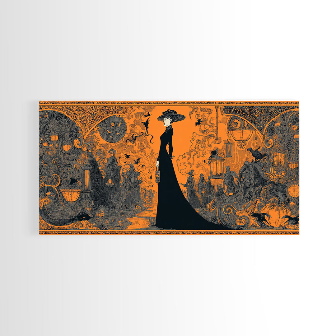 The Monster Parade, Decadent Line Art, Wide Panoramic Art, Gothic Horror Wall Art, Framed Canvas Print, Halloween Wall Art