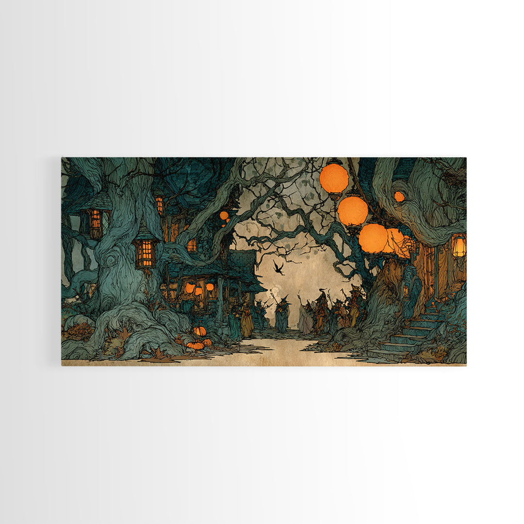 The Monster Parade, Gothic Storybook Art, Wide Panoramic Art, Dark Fantasy Wall Art, Framed Canvas Print, Halloween Wall Art