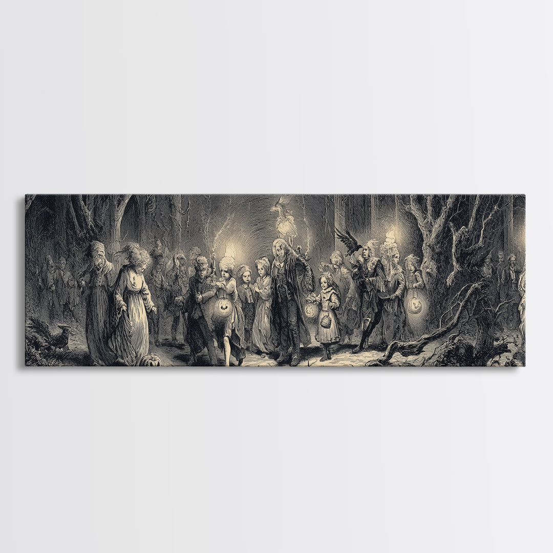 The Trick-Or-Treat Procession, Gothic Engraving Art, Extra Wide Wall Art, Dark Fantasy Wall Art, Framed Canvas Print, Spooky Wall Decor