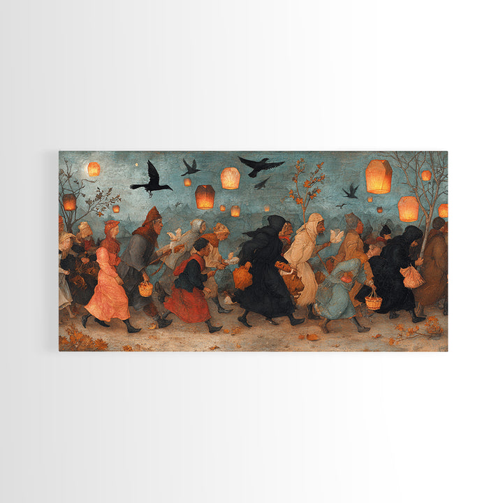 The Trick-Or-Treat Procession, Northern Renaissance Horror, Wide Panoramic Art, Dark Fantasy Wall Art, Canvas Print